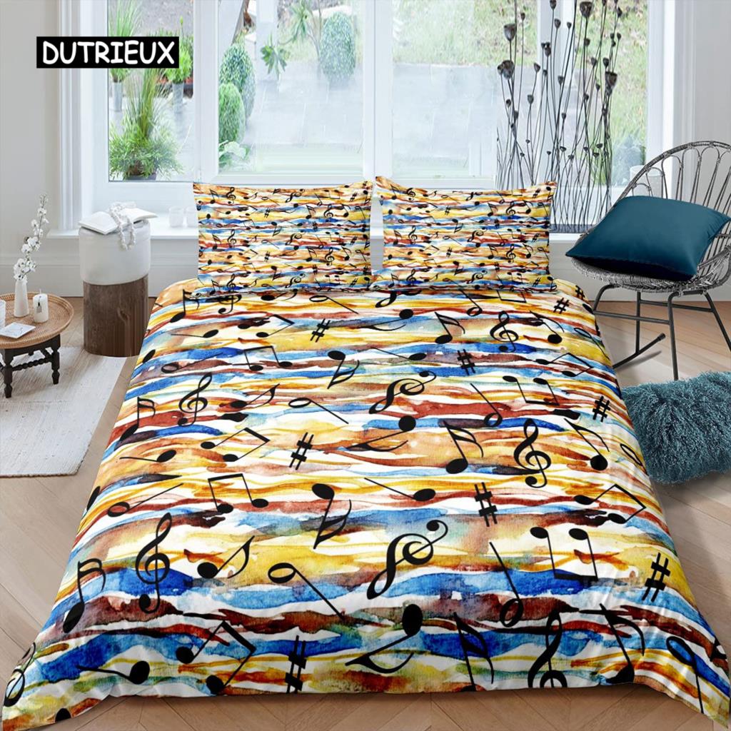 Music Notes Duvet Cover Set Queen Size Purple Musical Theme Bedding Set Gold Shiny Pattern Comforter Cover for Kids Girls Adult