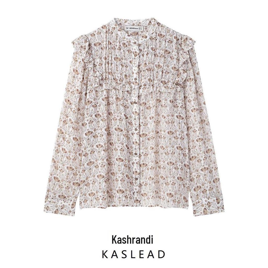 2025 Spring Women's European & American Style Tulle Print Long Sleeve Shirt