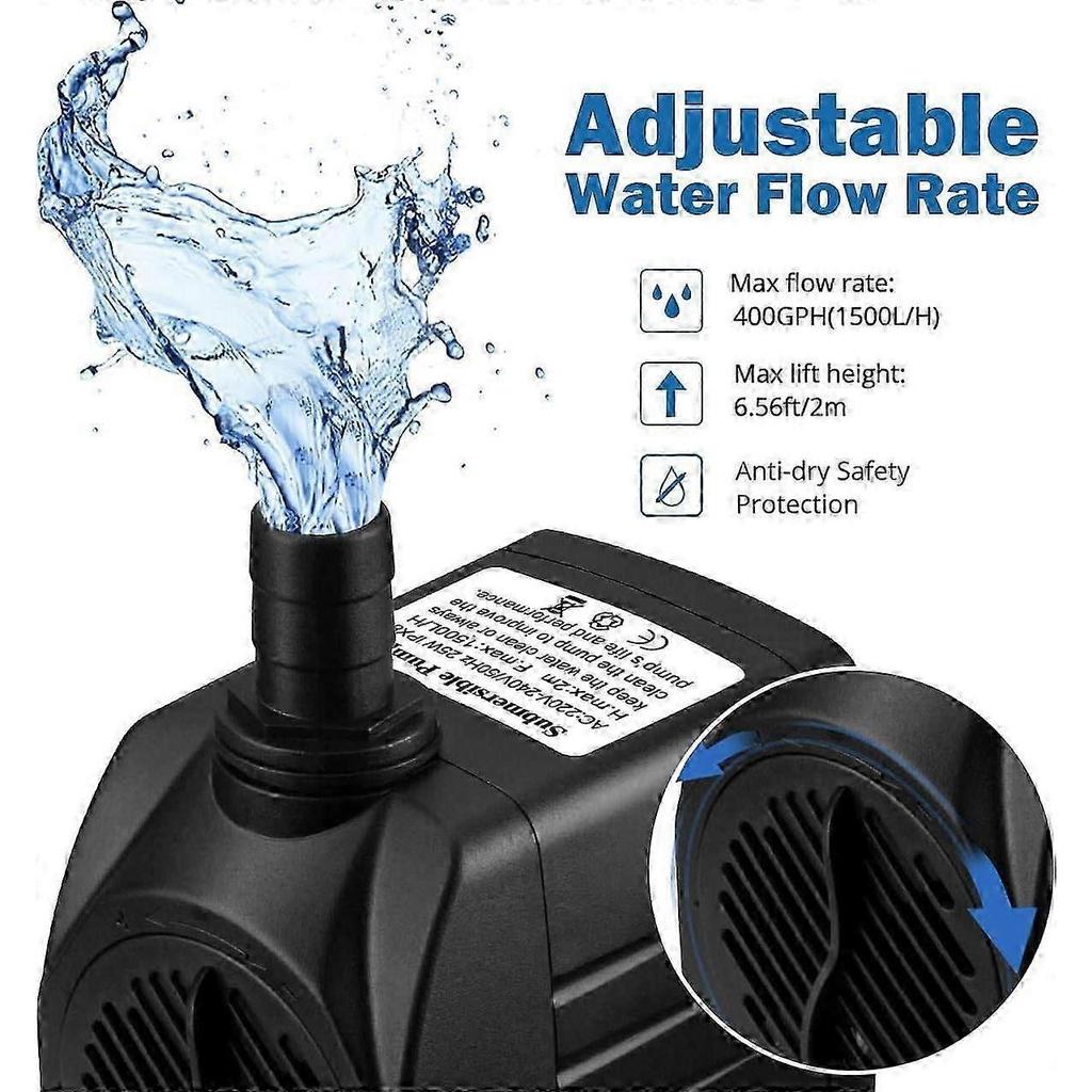 1500L/H Submersible Water Pump, 25W Ultra Quiet Aquarium Pump with 48hs Dry Burning, Fountain Pump with 5ft Power Cord and 2 Nozzles, Water Pump for A