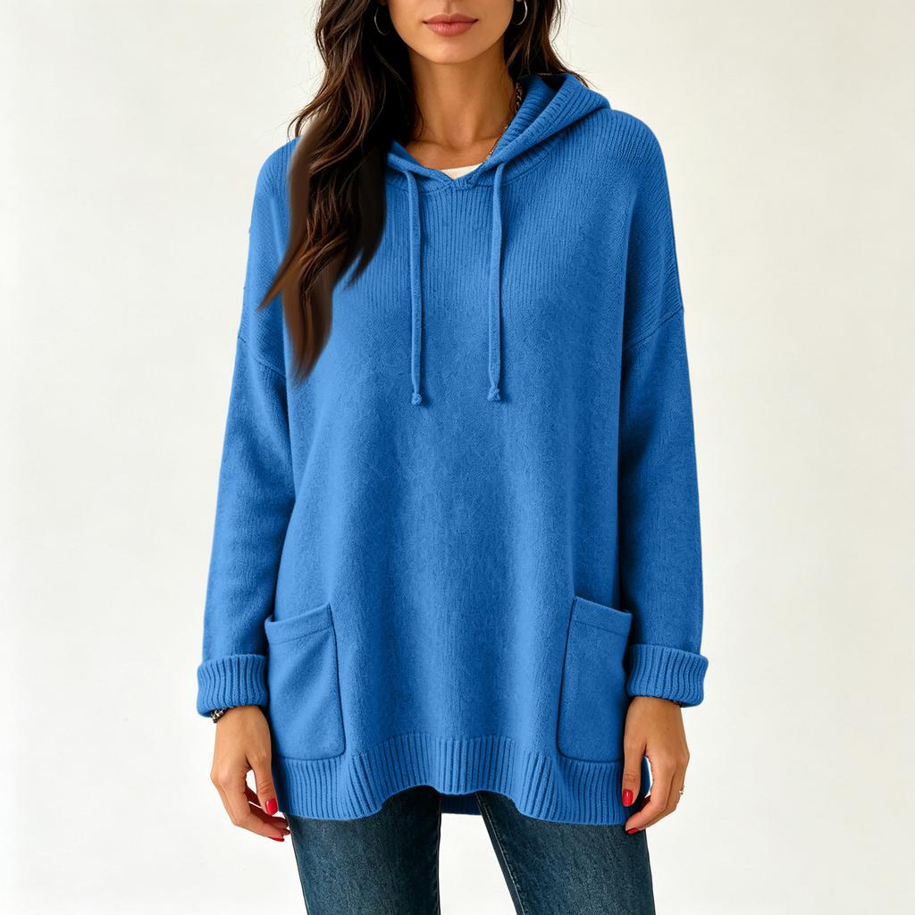 Women's round-neck solid-color long-sleeved double-pocket hooded sweater in knitted fabric