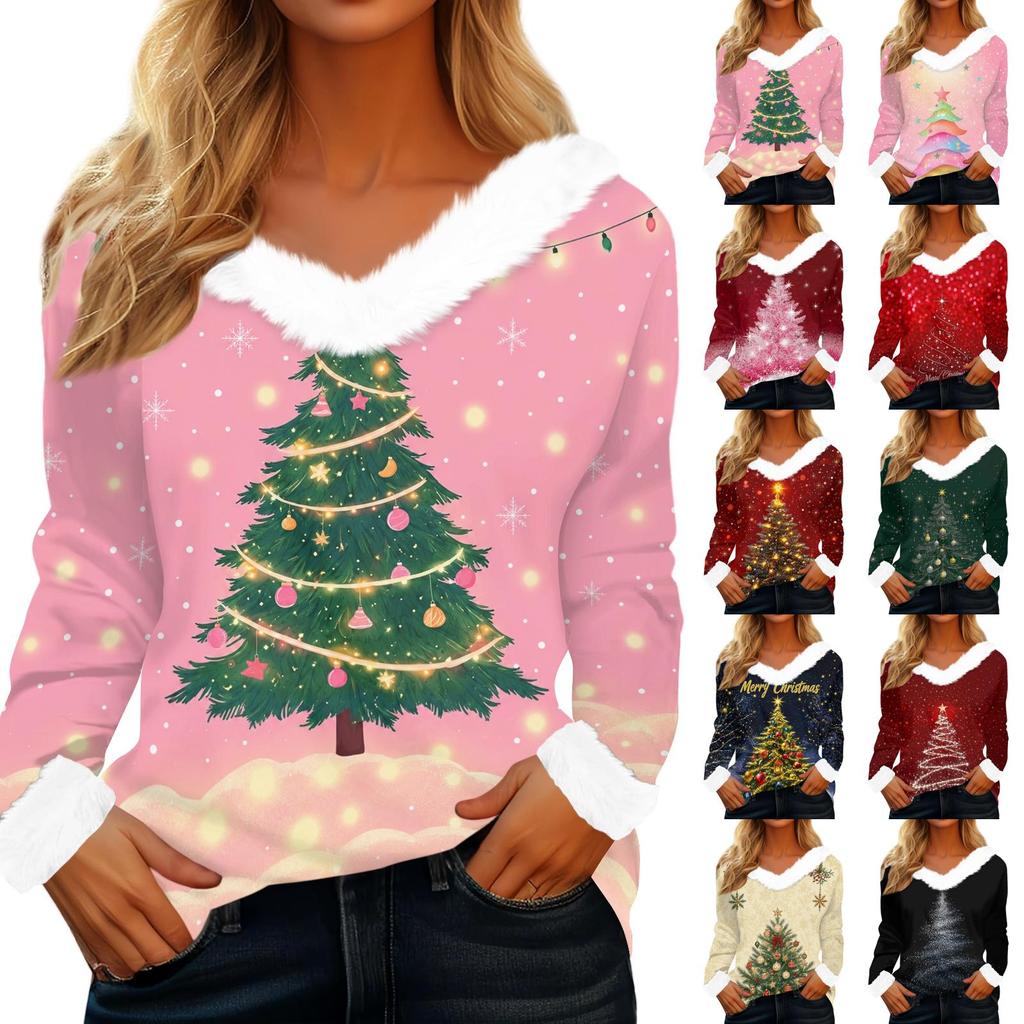 Women's Casual Christmas Print Long Sleeve Top with Plush Collar for Winter