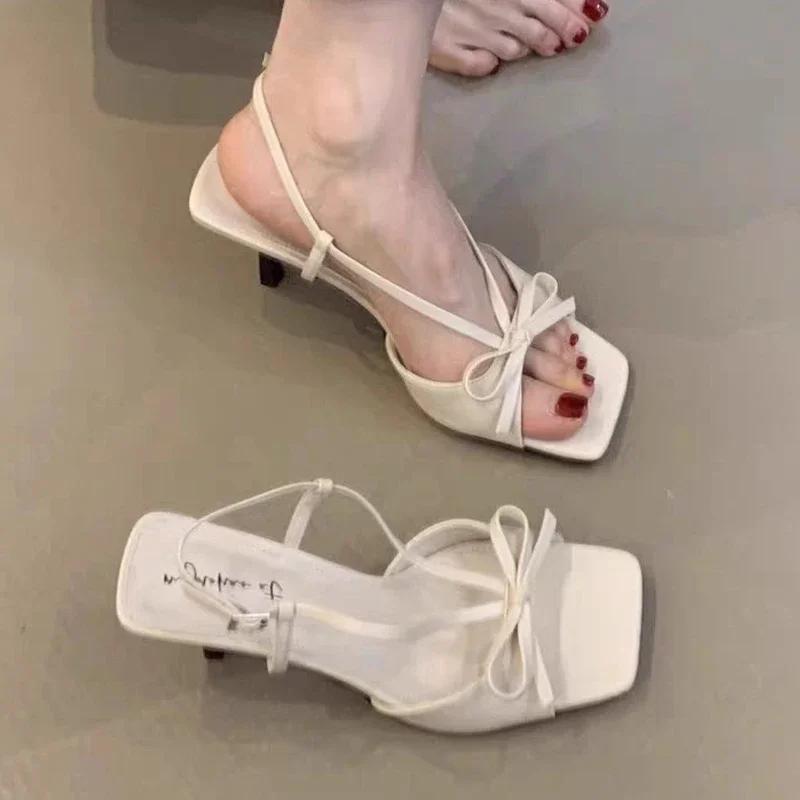 Fashion Women Square Toe High Heels Sandals Bow Sexy Summer Party Shoes 2025 Designer New Slippers Dress Trend Open Toe Woman Sexy Pumps