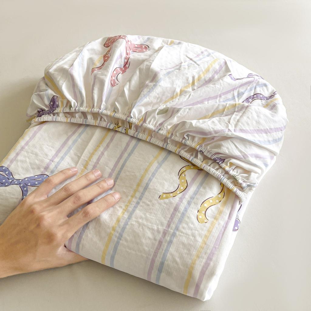 Striped Bow Bed Sheets Set Fitted Sheet Non Slip Bedspread With Elastic Band Mattress Cover (With Pillowcases) Double Bed Sheet