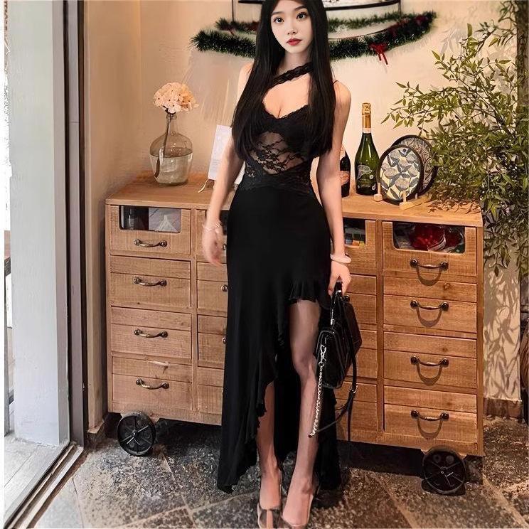 Design Sense Dark Nightclub Style Irregular Niche Lace Hollow Sexy Spice Girl Suspender Versatile Dress Women