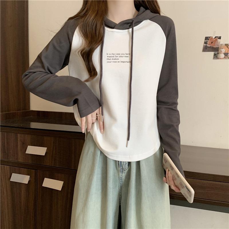 Real shot contrasting color hooded T-shirt women's long-sleeved plugged shoulder loose casual pullover sweater