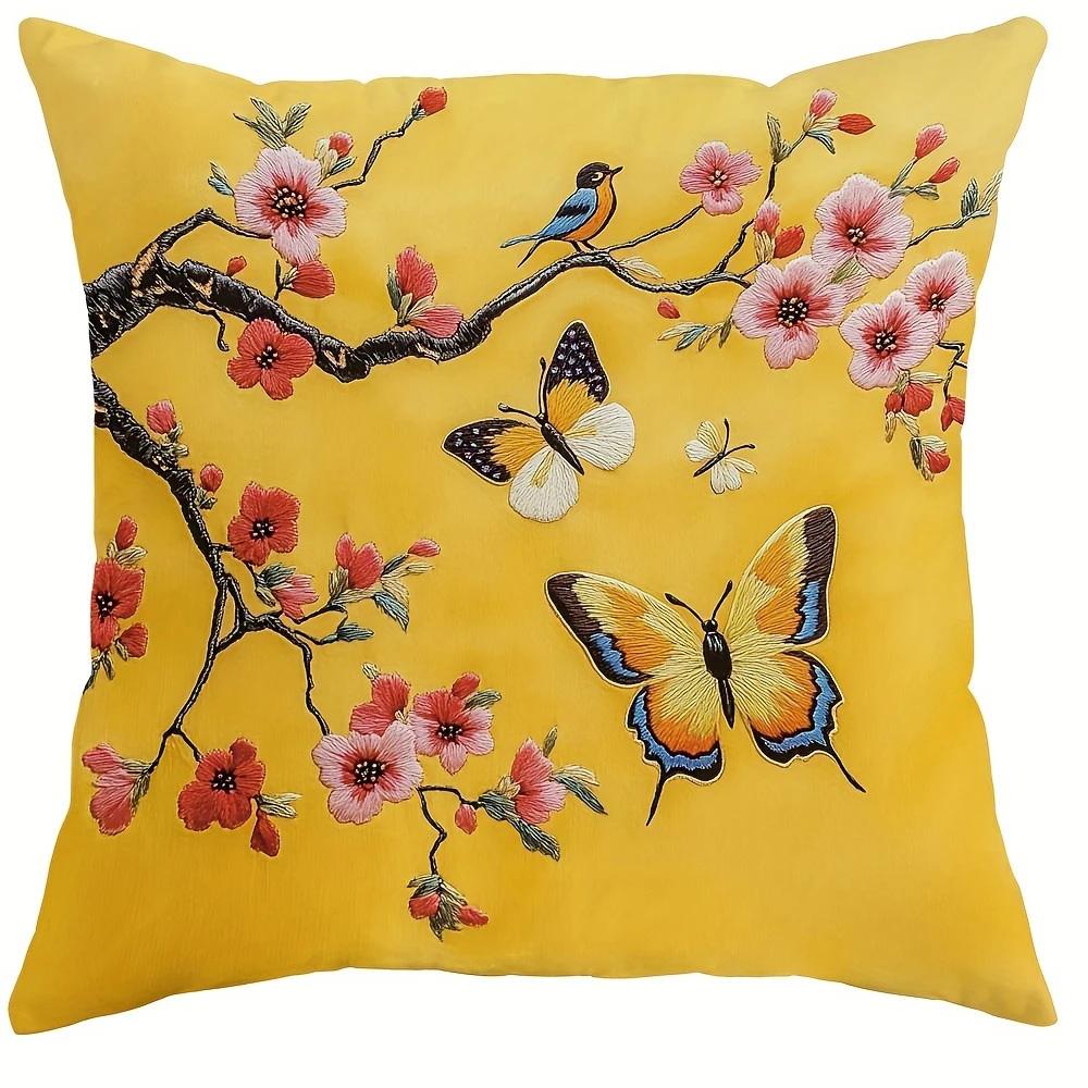 Exquisite Embroidered Printed Pillow Cover Yellow Flower Bird and Butterfly Printed Sofa Chair Cushion Cover 45x45cm