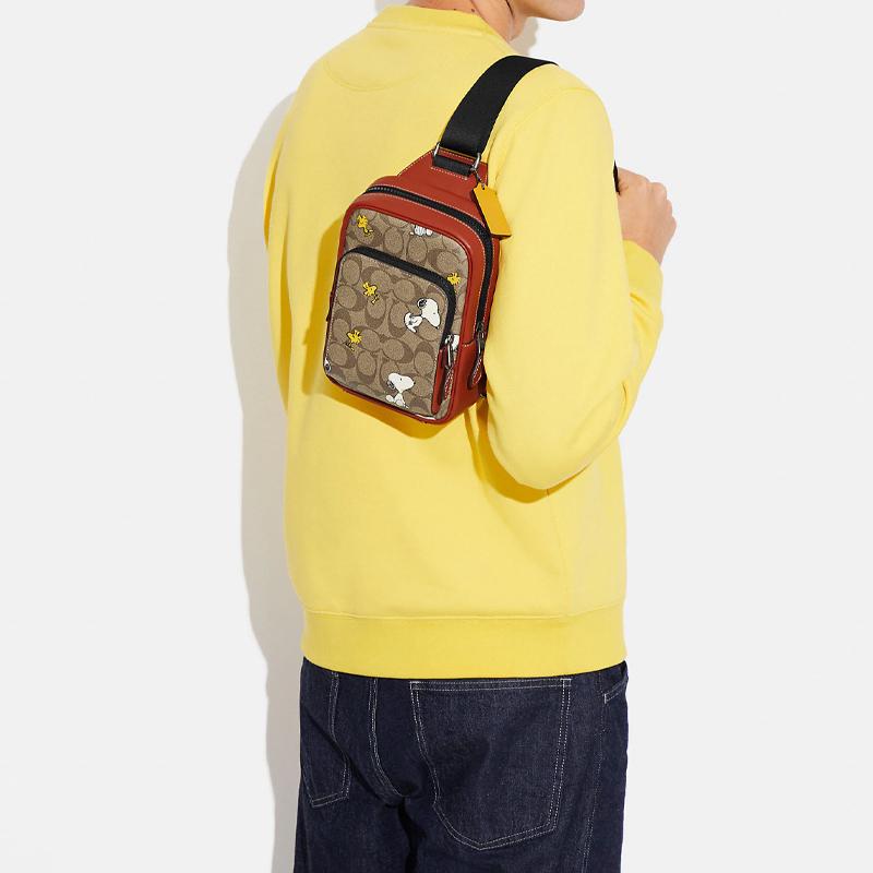 COACH Peanuts Snoopy Collaboration Track Coated Canvas With Smooth Calfskin Shoulder Bag, Crossbody Bag, Sling Bag Mini CE600-QBE7V