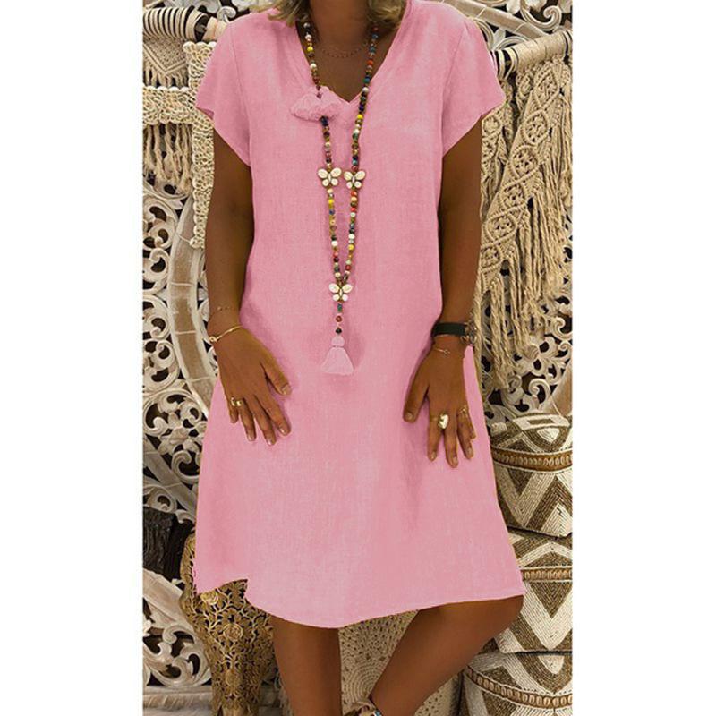 

Модное повседневное летнее платье с коротким рукавом и V-образным вырезом, женское элегантное платье А-силуэта больших размеров, базовое однотонное платье для вечеринки, женская свободная женская одежда 5XL розовый