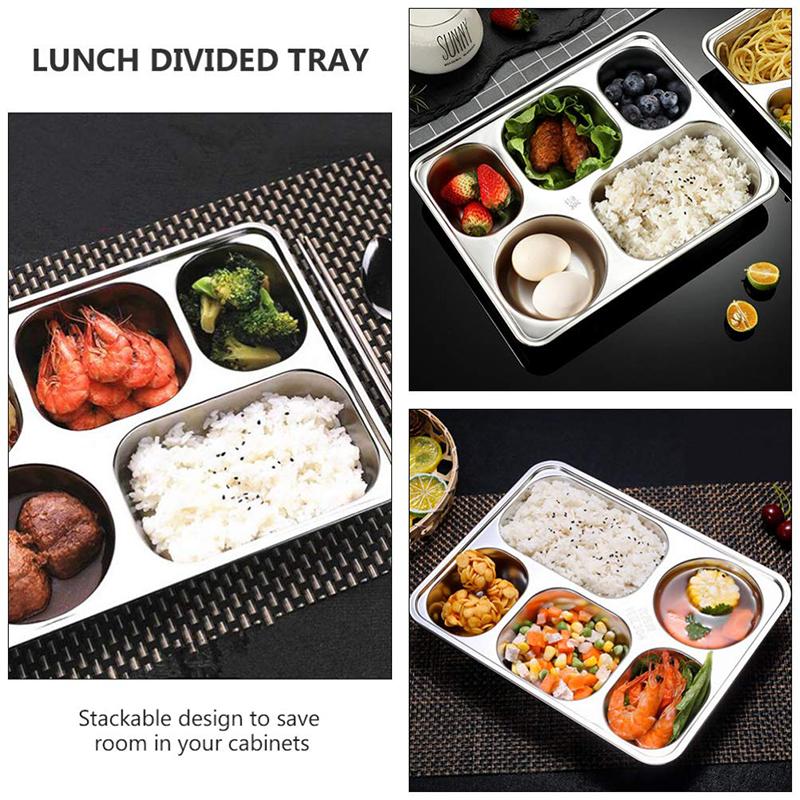 Stainless steel partitioned dinner plate, lunch and dinner tray with 5 compartments, children's student lunch box, divided lunch
