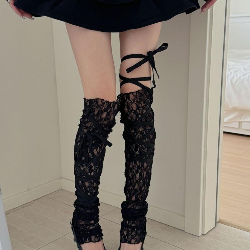 Japanische Spitze Beinärmel mit verstellbaren Bändern für Damen Durchsichtige Netz-Oberschenkel-Beinwärmer Lange fußlose Socken