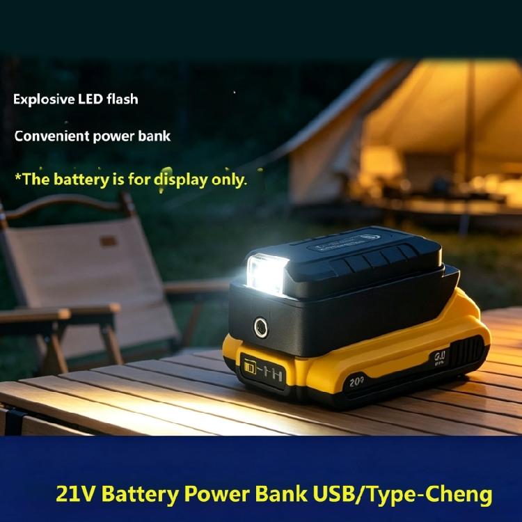 Battery Adapter with Slide-On Battery Dock, 21V Input to 5V Output, LED Work Light, and Button Control for Home and Field Work Use