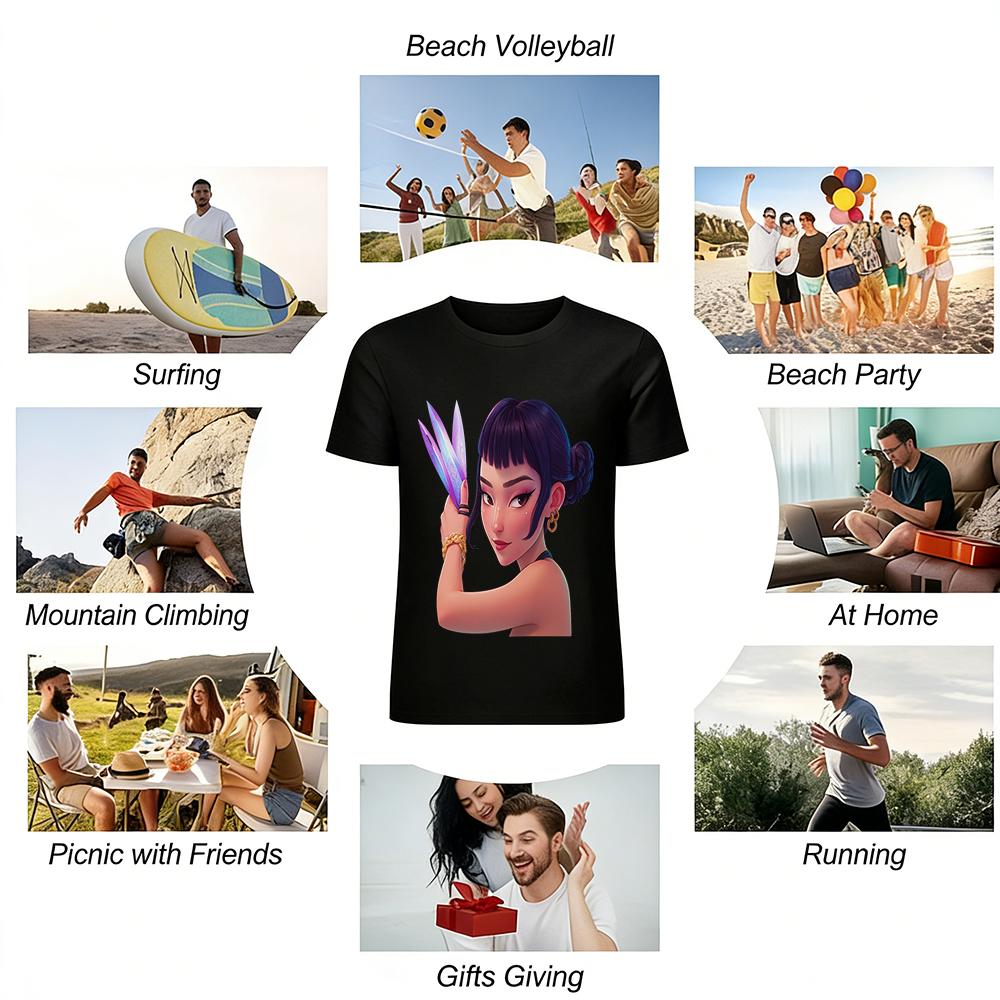 Trendy Chinese Style Purple Hair Cool Girl Print Top Casual Loose Crew Neck Short Sleeve T-Shirt Pure cotton T-shirt