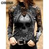 Tricou de damă cu gât țestoasă din dantelă, cu craniu și flori, cu imprimeu, cu mânecă lungă, gotică, la modă