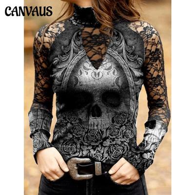 Damen-T-Shirt mit Rollkragen, Spitze, Totenkopf- und Blumendruck, Gothic, hohl, langärmelig, modische Oberteile