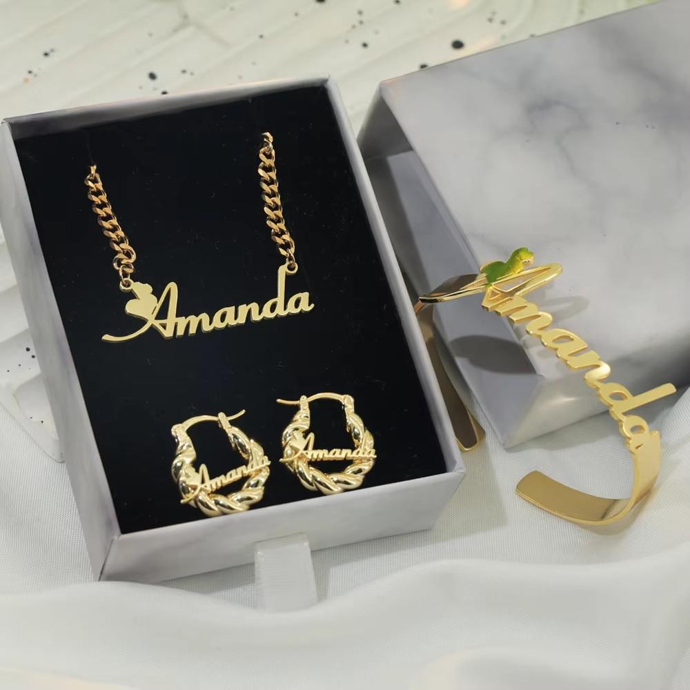 Uwin Customized Stainless Steel Name Plate Necklace Bangle Earrings Women Personalized Jewelry Set Kids Gift Necklace золотой