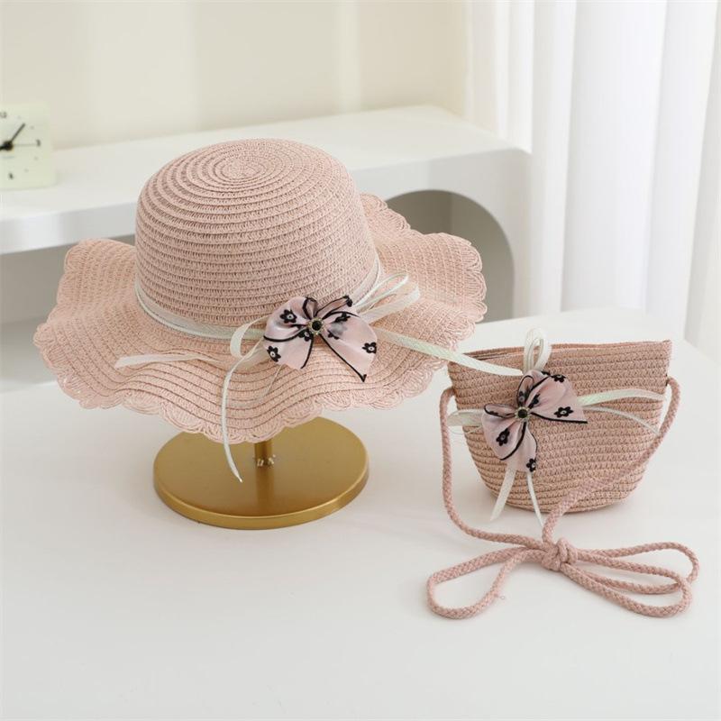 Newest holiday child girl straw hat and bag 2pcs a set floral sun hat baby beach Floppy Panama casquette gorros shoulder bags