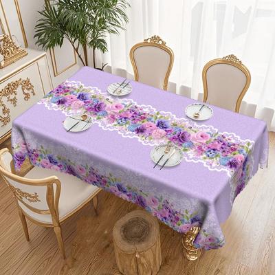 Round Purple Dining Table Cloth, Floral Pattern Waterproof And Oil-Proof Leave-In Tablecloth, Household Long Dining Table Cloth
