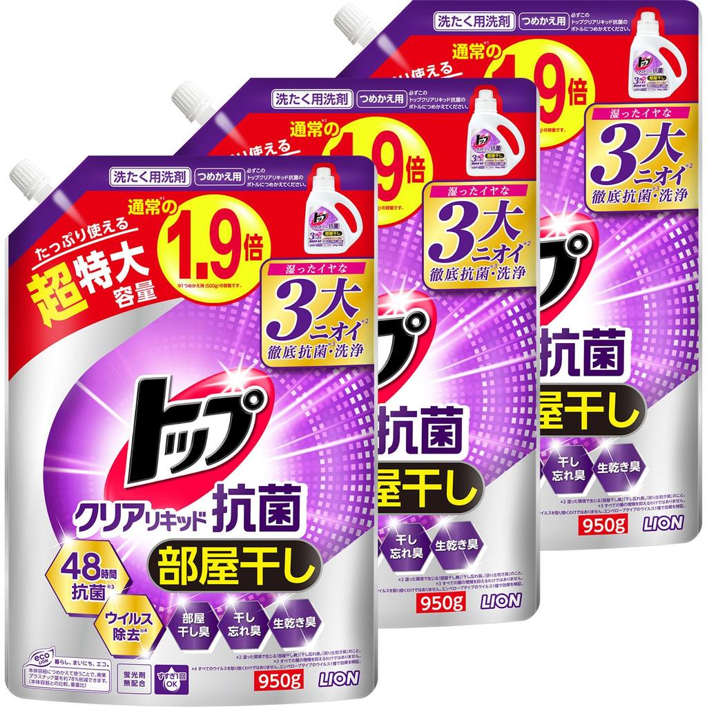 Top Clear Liquid Antibacterial Laundry Detergent for Indoor No Fluorescent Extra 950g X [Bulk Purchase] Drying, Liquid, Agents, Refill, Large, 3-Pack
