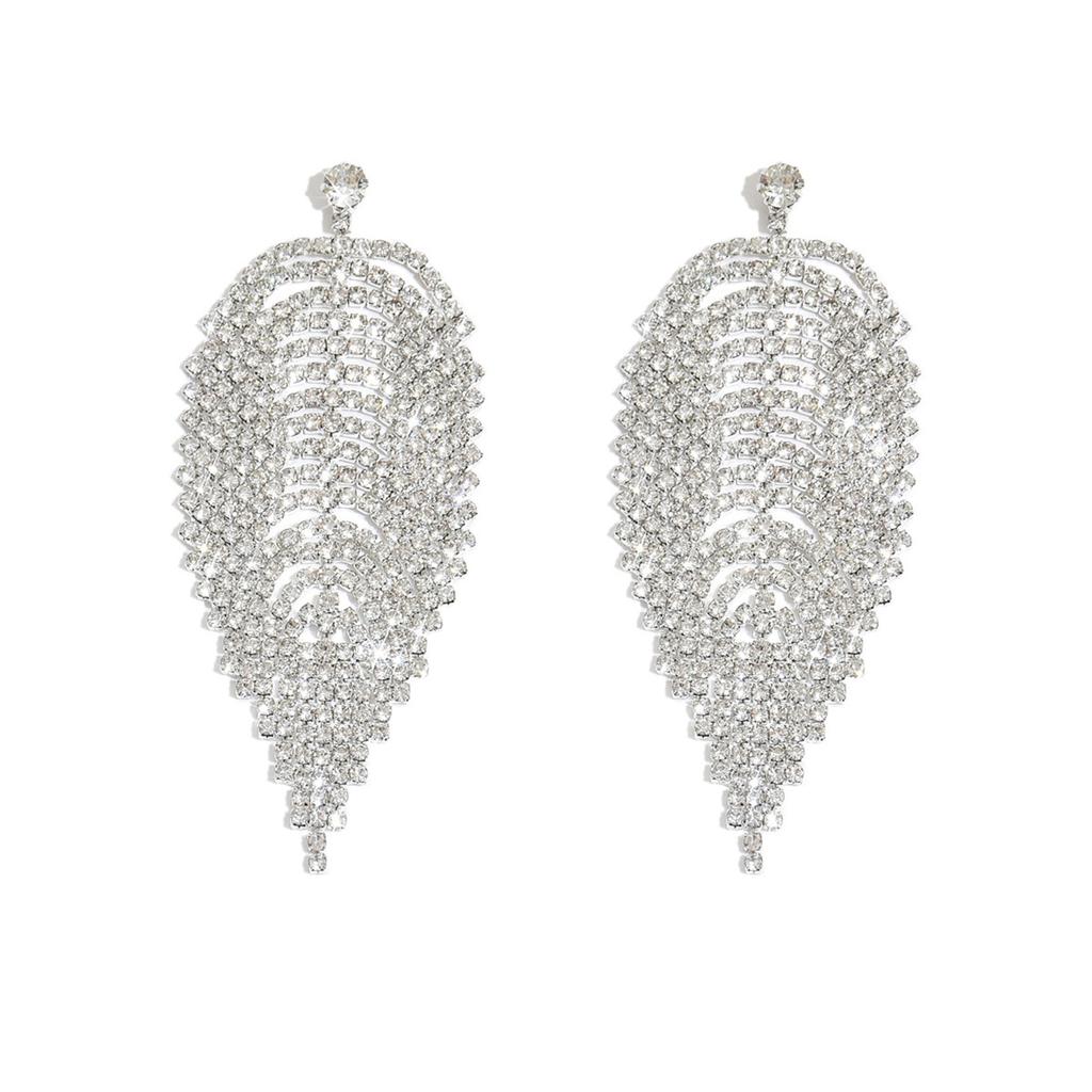 Heavy Industry Fashion Light Luxury Feather Tassel High-End Earrings Women'S Full Diamond Dress Wedding Dress Earrings Stud Earrings Accessories