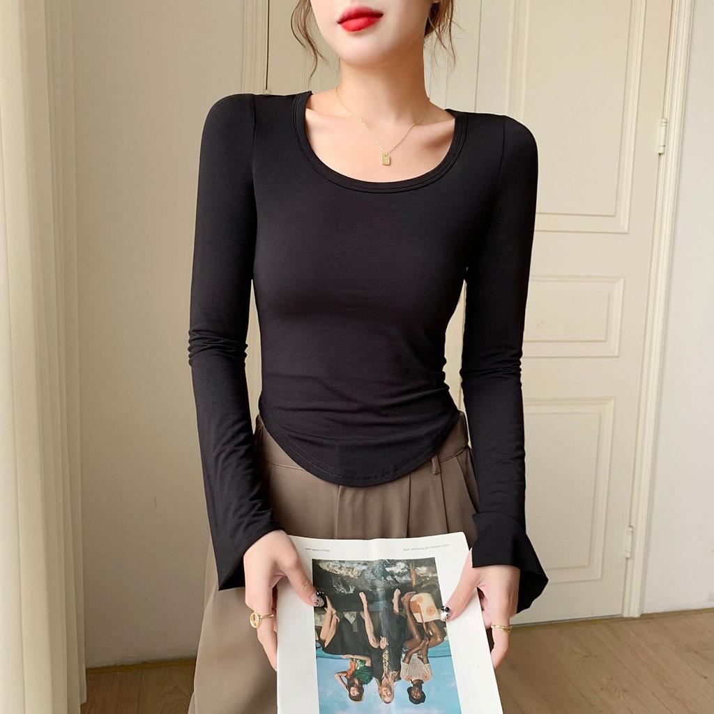 Women's Autumn/Winter Modal Round Neck Flared Long Sleeve Slim Base Layer Top