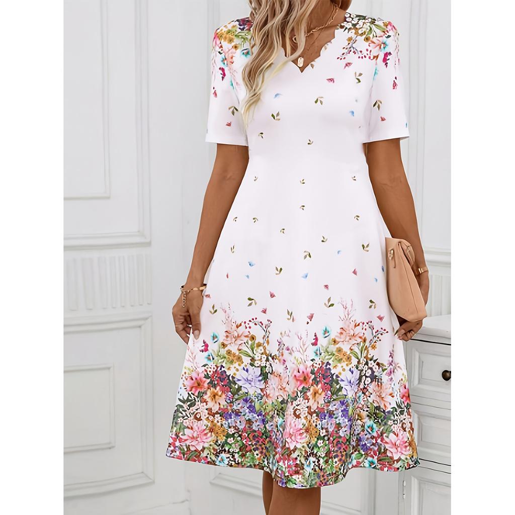 Summer Women's Dresses Short Sleeve V-neck Elegant & Beautiful Midi Dresses Female One-piece Dress Printed Dress