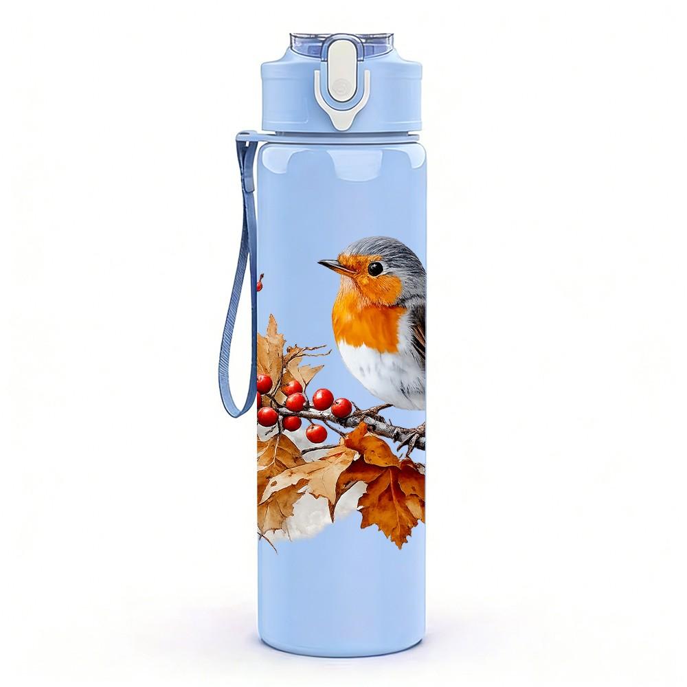 1PC Robin Bird Berry Branch Print 750ml Color Plastic Sports Water Bottle Leakproof Flip Straw Lid Suitable for Sports Office Home Use