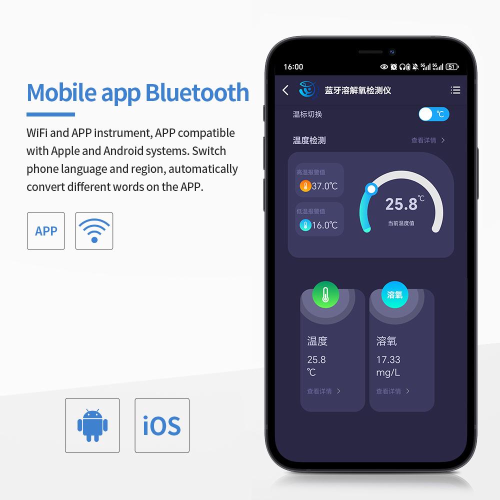 Bluetooth Smart Dissolved Oxygen Meter 0.0‑40.0mg/L Water Quality Monitor Digital DO Meter for Aquarium Fish Tank Oxygen Tester