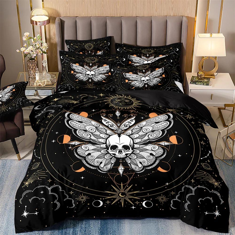 Luxury Black Bedding Set With Galaxy Print, Galaxy Duvet Cover, Galaxy, Starry Sky, Butterfly, Skull, Moth,Halloween Quilt Sets