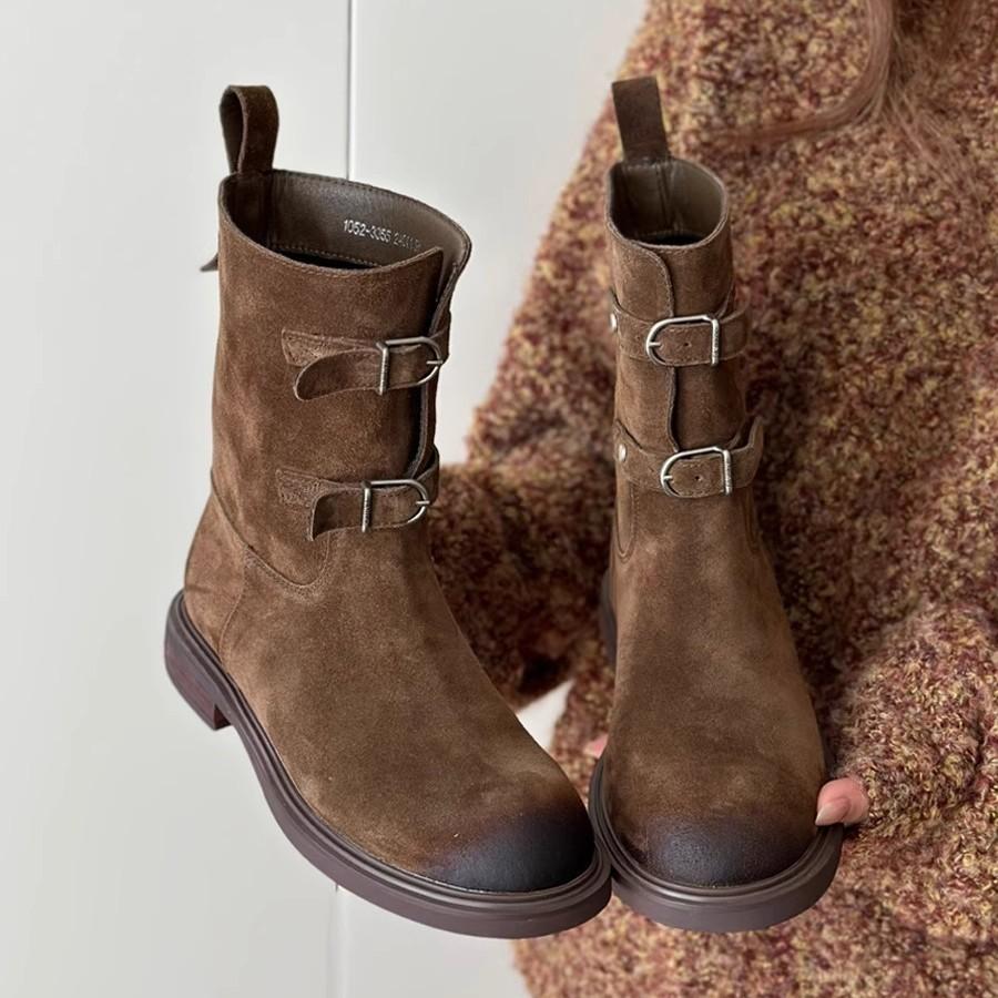 High quality~ retro polished belt buckle western cowboy boots slim short boots women's Maillard Martin boots locomotive boots