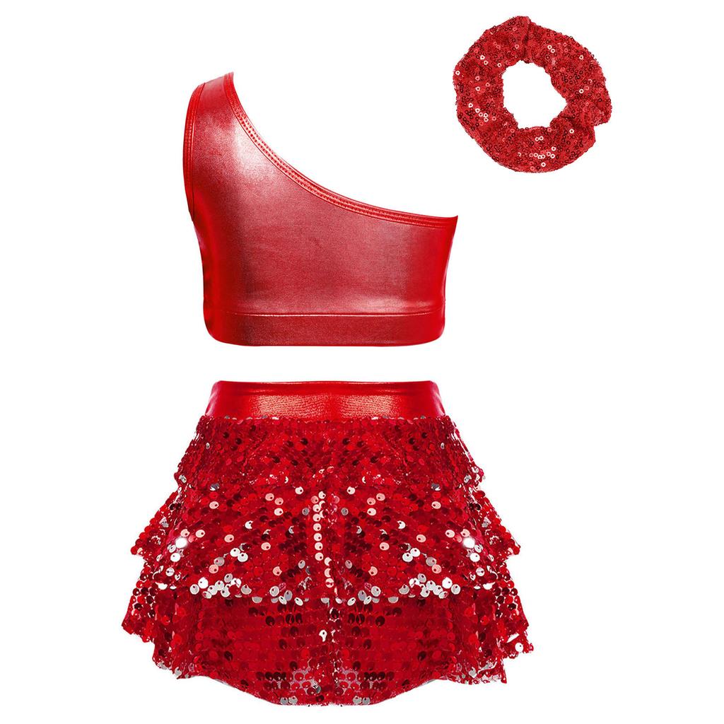Girls One Shoulder Shiny Sequins Tiered Ruffles Crop Top Skirted Shorts Culottes Hair Tie Dance Outfit