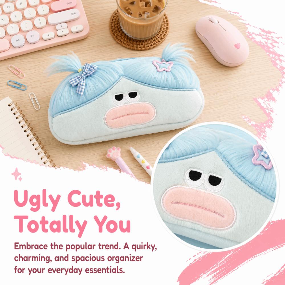 with Ponytail Hair Pencil Case Cute Ugly Pencil Pouch Multi Function Pen Bag  Students