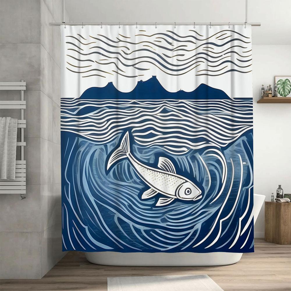Blue Wave Fish Waterproof Shower Curtain Bathroom Decor Printed Fabric Custom Size 180x240cm Modern Minimalist Style Suitable Fo