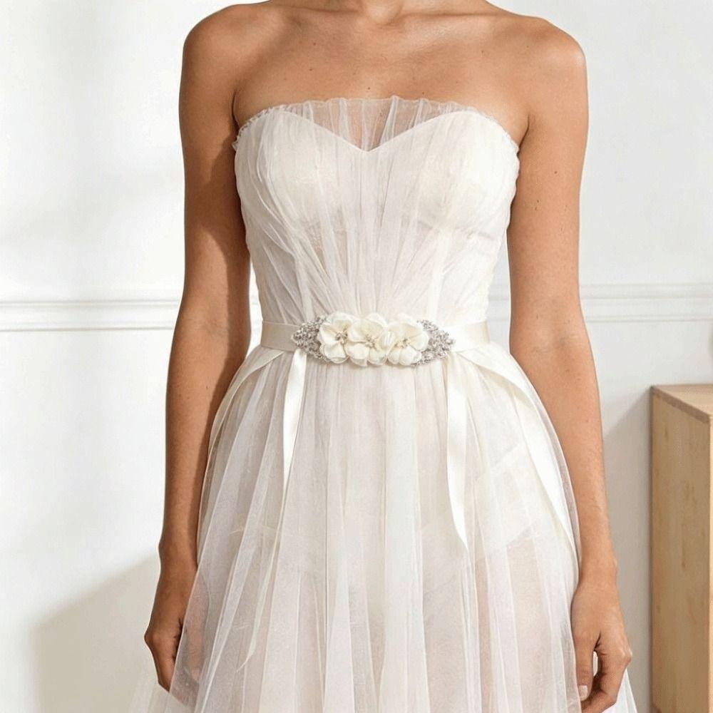 Pearl Embellishment Flower Sash Belt Handmade Beading Rhinestone Waist Band Party Dress Up