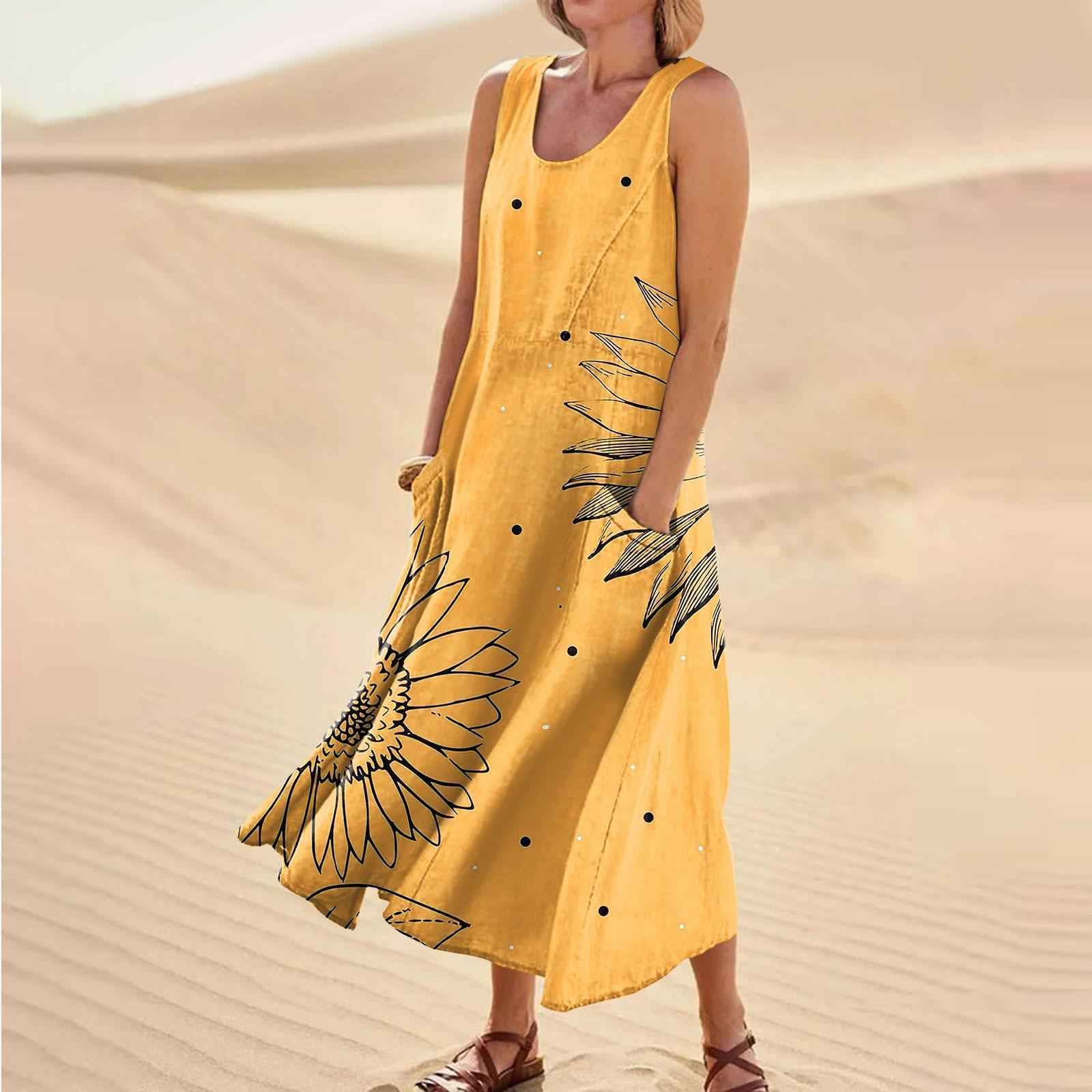 

Жіноча літня повсякденна модна сукня без рукавів із круглим вирізом і кишенями з принтом L шафрановий