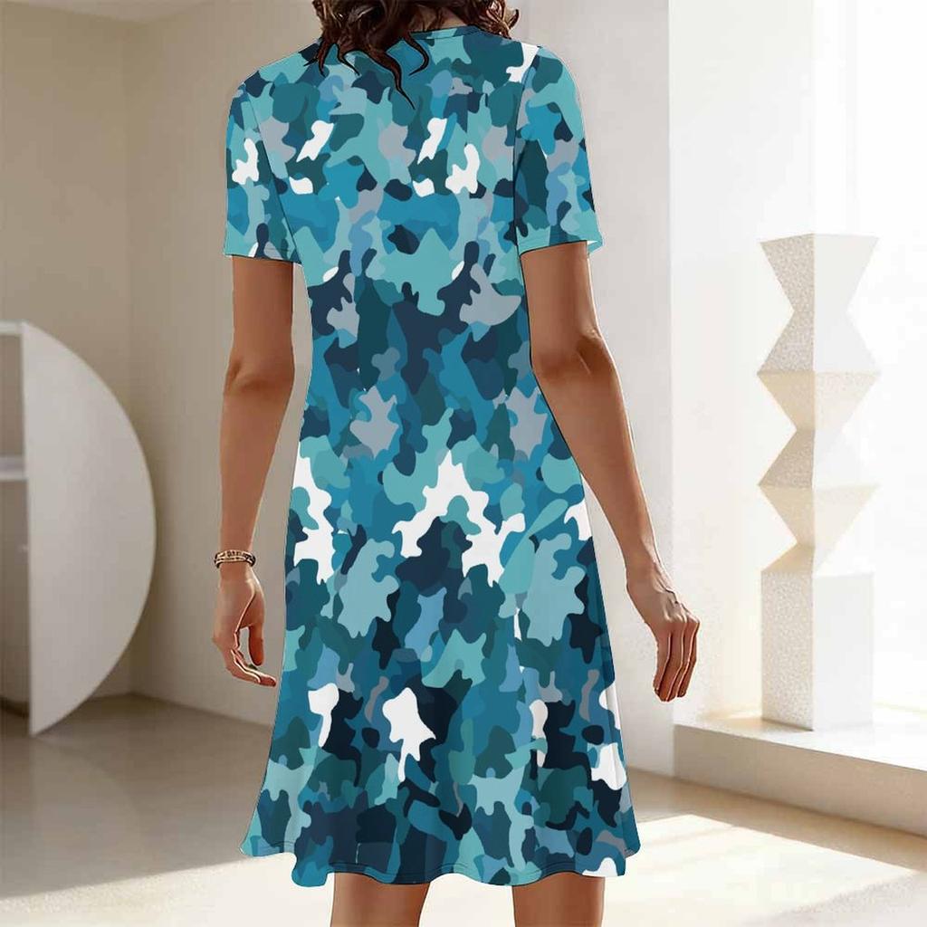Ladies Loose Round Neck Short Sleeve Dress Multicolor Floral Print For City Street Stroll