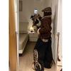 Üç Boyutlu Leopar Nakışlı Unisex Geniş Paça Kargo Kot Pantolon Vintage Yıkanmış Pamuklu Düz Kesim Pantolon