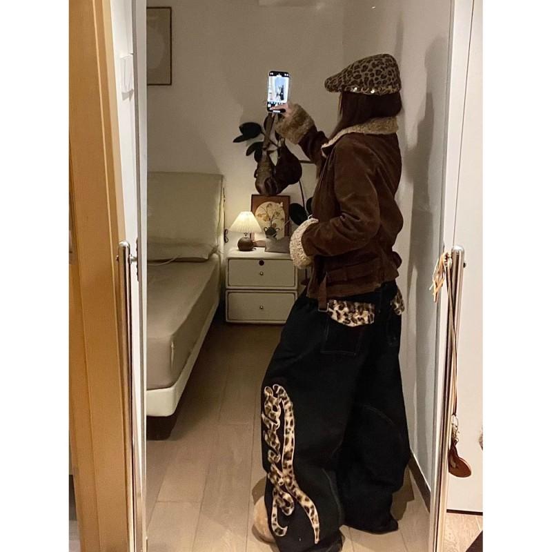 Üç Boyutlu Leopar Nakışlı Unisex Geniş Paça Kargo Kot Pantolon Vintage Yıkanmış Pamuklu Düz Kesim Pantolon