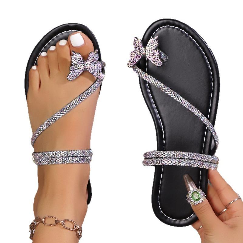 Rhinestone Butterfly Cover Toe Cool Slippers Female Summer Flat-bottomed Fairy with Skirt Pinch Two Wear Sandals Outside the Beach