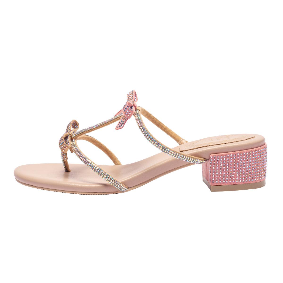 

Rhinestone cool slippers summer new bow sandals bright diamond fairy wind toe slippers thick heel medium heel shoes women 34 розовый