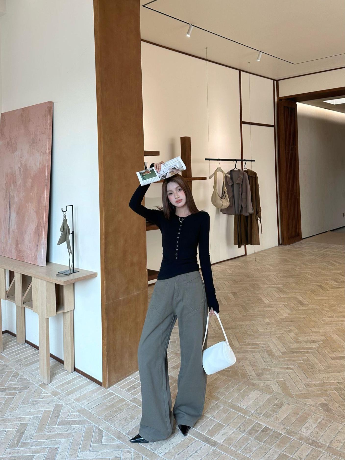 Lu Sheng Unisex Retro Cotton Wide-Leg Work Pants with Curved Blade and Slimming Silhouette Extra Large