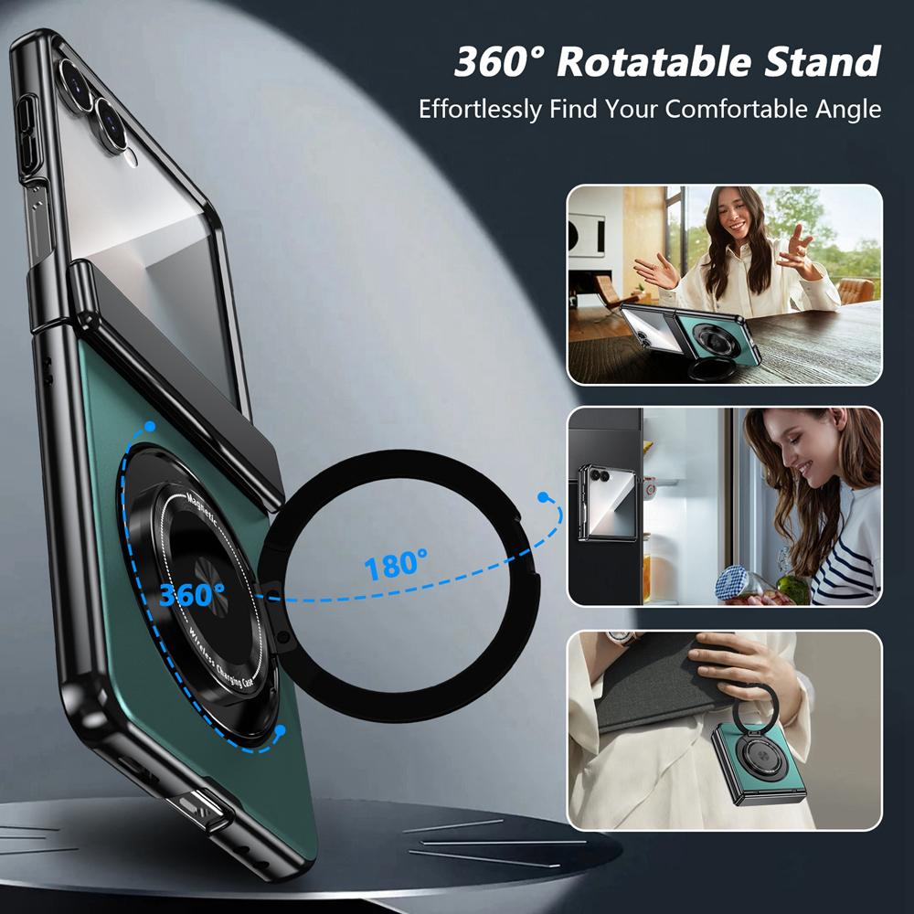 KEYSION Pouzdro s magnetickým prstenovým stojánkem otočným o 360° pro MagSafe pro Samsung Galaxy Z Flip 7 5G Kryt telefonu s pantem s ochranou displeje
