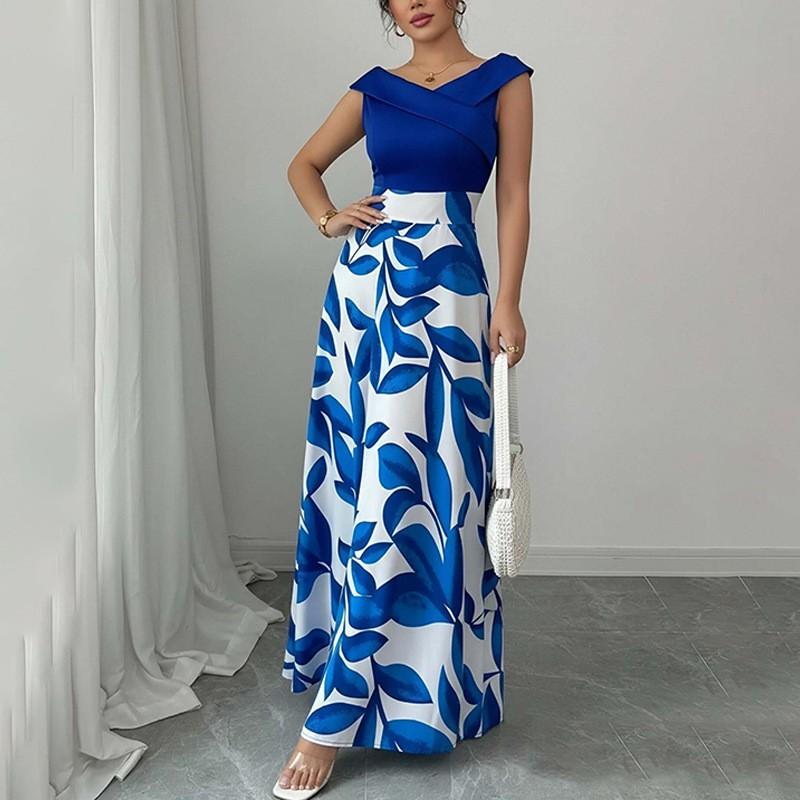 2026 Womens Elegant V-Neck Printed Fitted Midi Dress High-Waisted Casual Chic Long Sleeveless Daily Wear Small