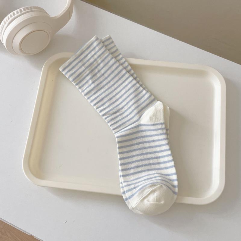 Women's Lightweight Japanese Style Cotton Striped Socks - Breathable, Loose Cuff, Mid-Calf, Maternity Friendly.