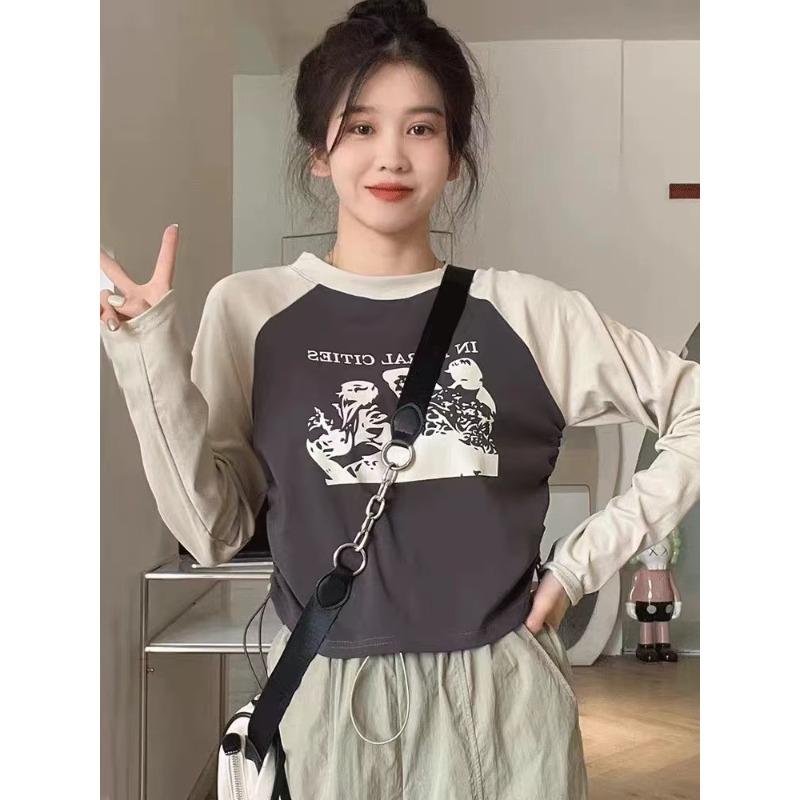 Vintage Klassisk Trykk Langermet T-skjorte Dame Høst Y2k Streetwear Crop Top Casual Harajuku Slim Topper