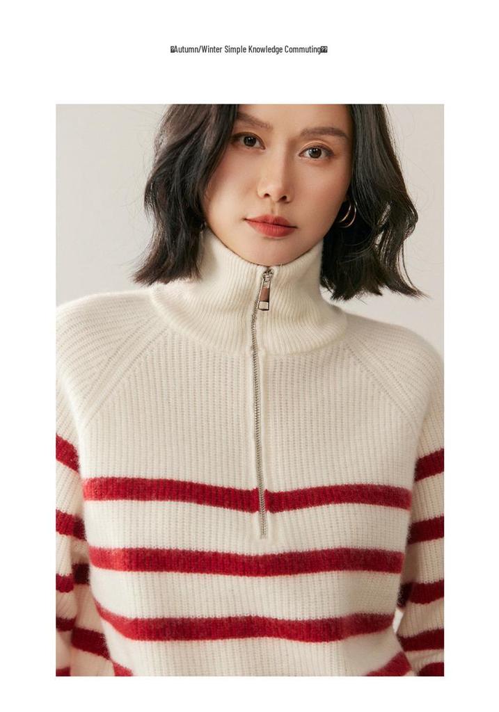 2026 Autumn Winter Women's Cashmere Half-High Collar Zipper Striped Knit Sweater