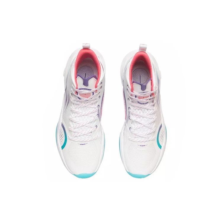 LiNing Yushuai XV Dämpfung Rutschfest und Verschleißfest Unterstützung Mittelhohe Basketballschuhe Weiß Blau Lila ABAR043-1