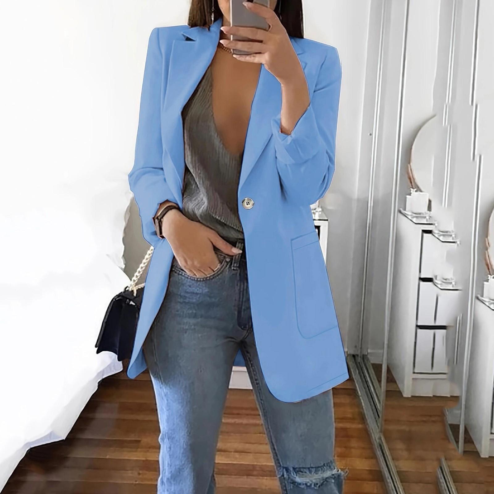 

Женский однотонный пиджак с длинным рукавом и воротником из тонкого кардигана на одной пуговице XXL синий