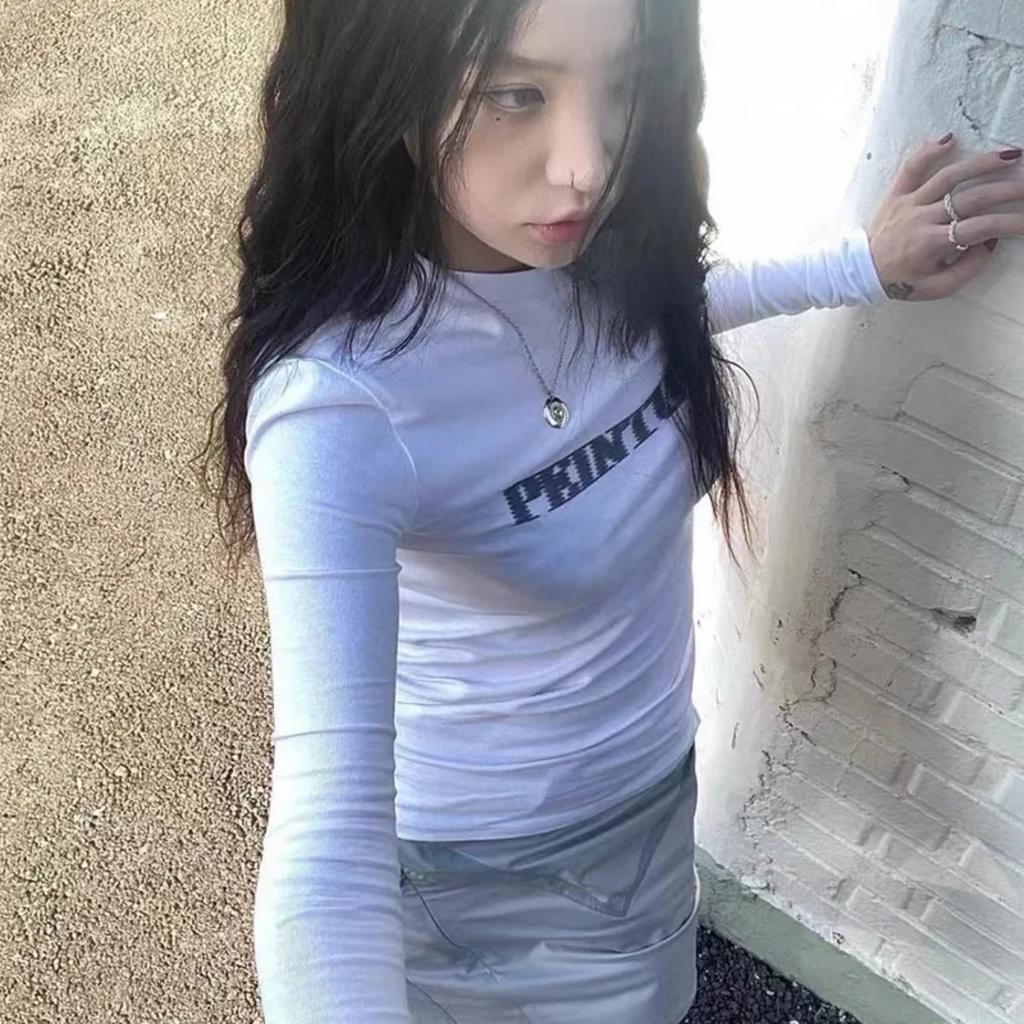Grunge Letter Print T-shirt Korean Fashion Long Sleeve Tee Shirt Vintage Japanese Harajuku Slim Tops Kpop Streetwear Y2k