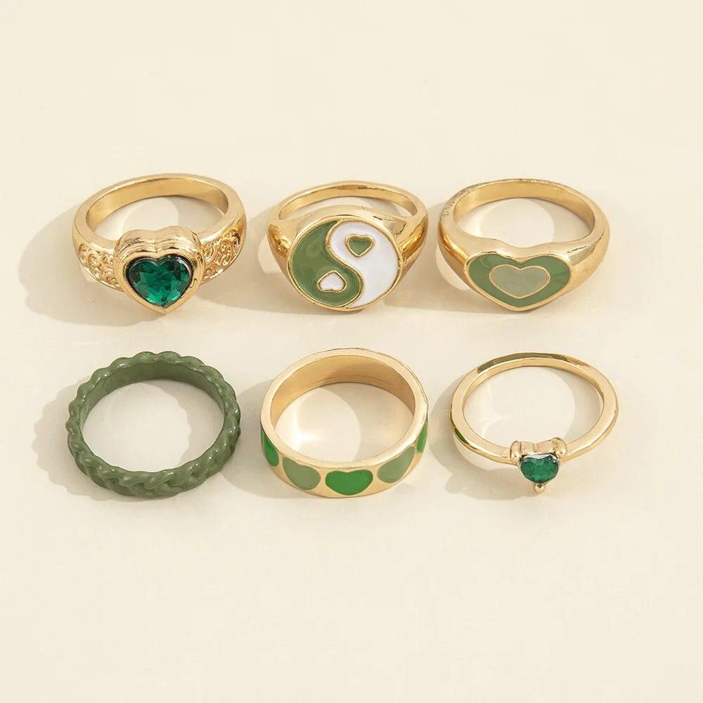 New Green Crystal Heart Kunckle Rings Set For Women Enamel Yin Yang Geometric Finger Ring Girls Fashion Jewelry