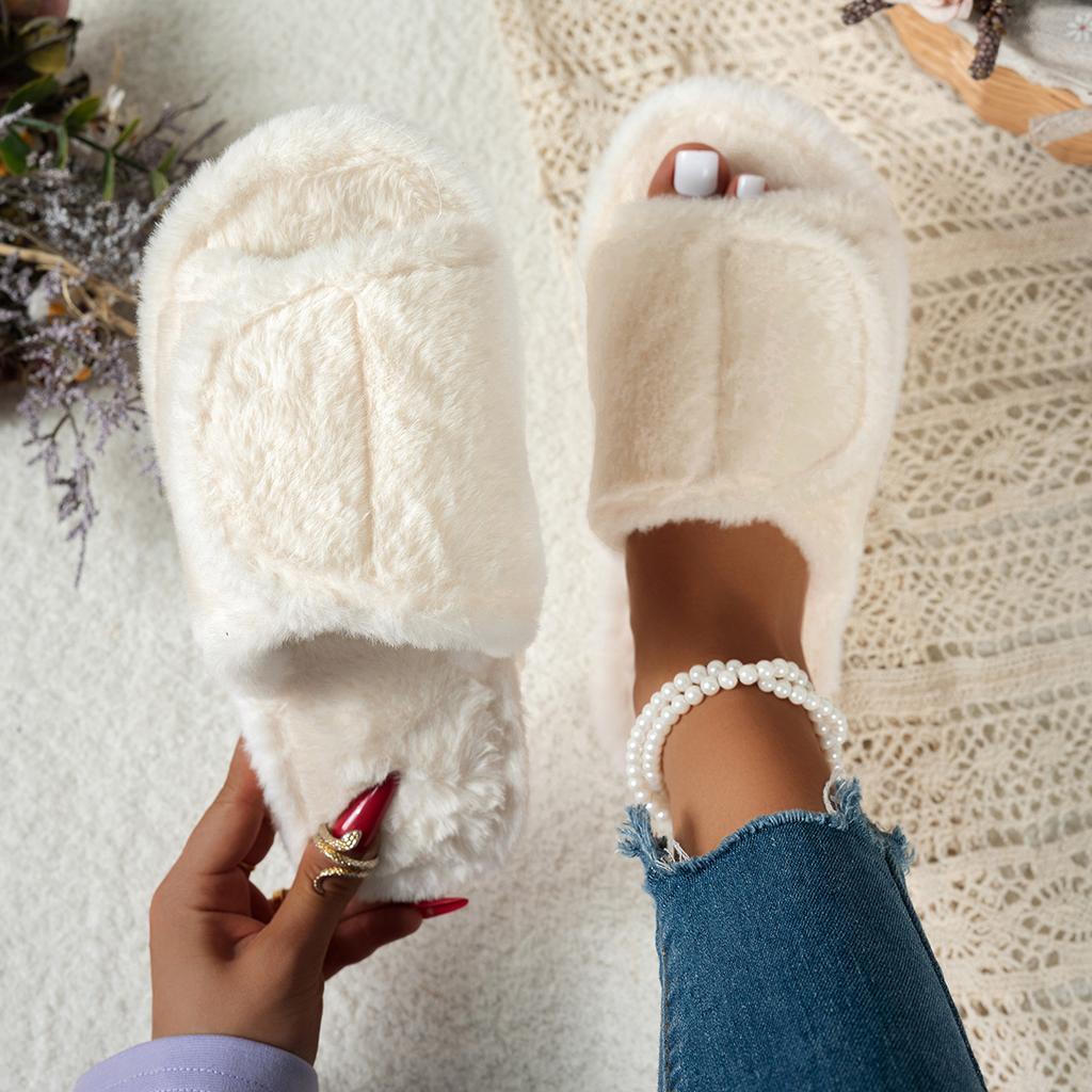 Fashion Women Fluffy Slippers 2025 New Furry Open Toe Indoor Slippers Soft Plush Cozy Solid House Shoes Outdoor Slip Warm Slides Women